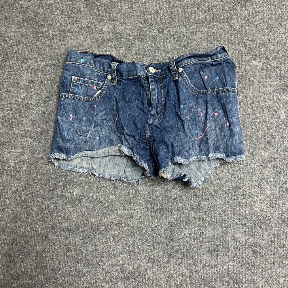 London Jean Denim Shorts Womens Size 8 Blue Paint Splatter Raw Hem Cotton Casual